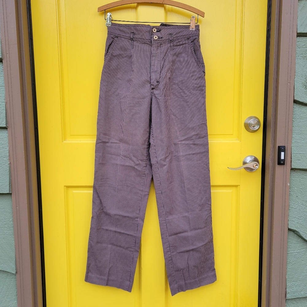 Late 70s–80s Vintage High-Waist Pinstripe Cotton Workwear Trousers V-Back